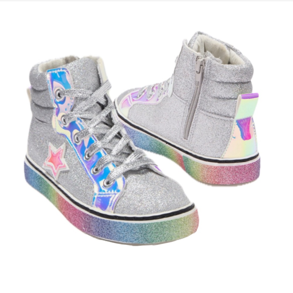Golden Goose-Like Glitter High-Top Sneakers with Rainbow Sole, Lola + The Boys